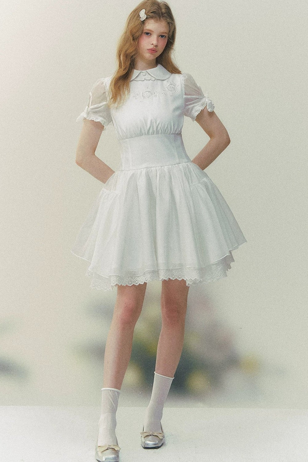 White Rose Embroidered Princess Midi Dress