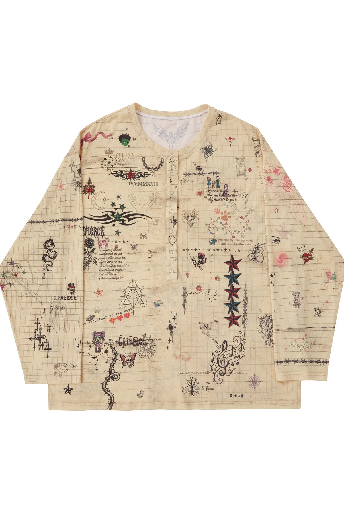 Manuscript Print Long Sleeve Open Front Shirt