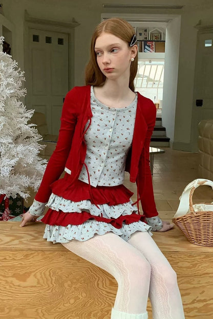 Floral Patchwork Knit Cardigan and Lace-Up Skirt Set-Up