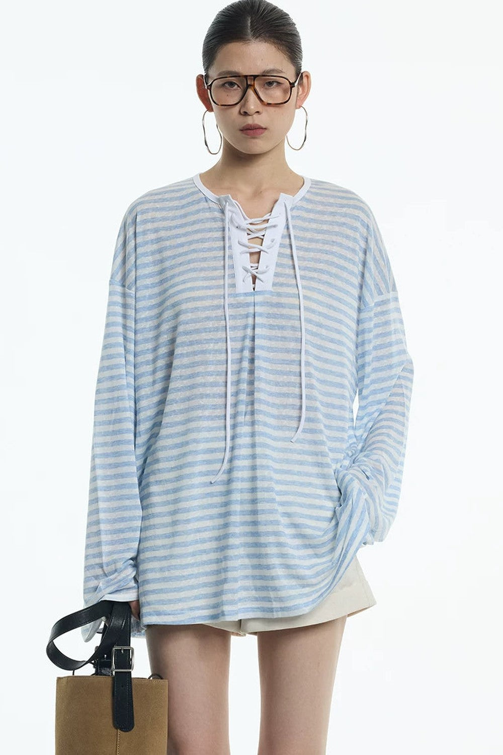 Navy Blue Tie-Neck Lyocell Top