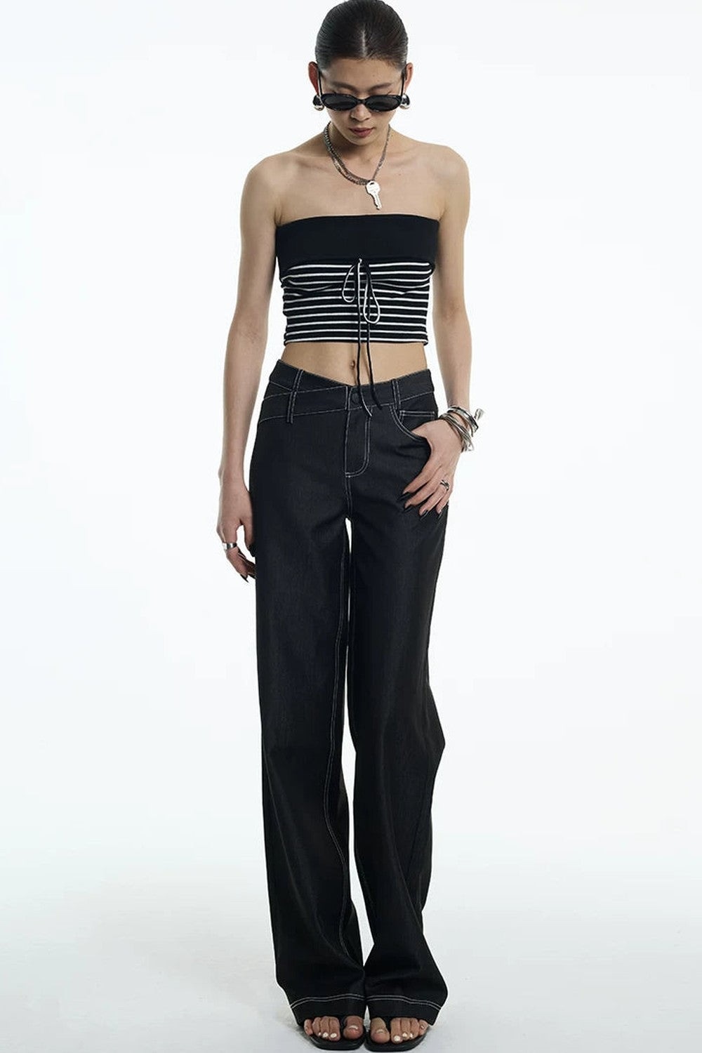 Black White Striped Ribbed Bandeau
