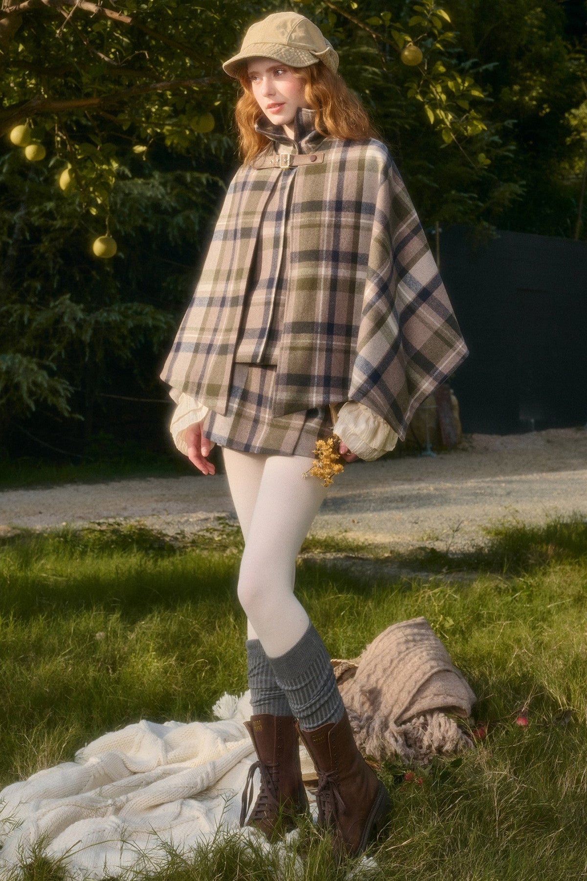 Detachable Plaid Cape Vest And A-Line Skirt Set-Up