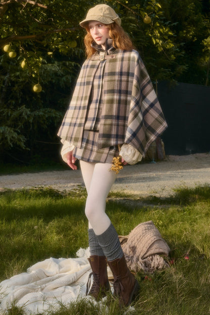 Detachable Plaid Cape Vest And A-Line Skirt Set-Up