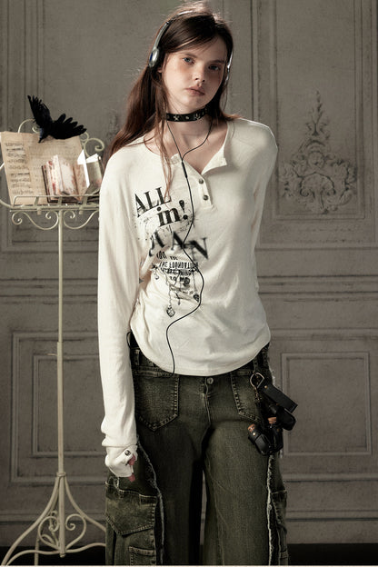 Beige Printed Long-Sleeved T-Shirt