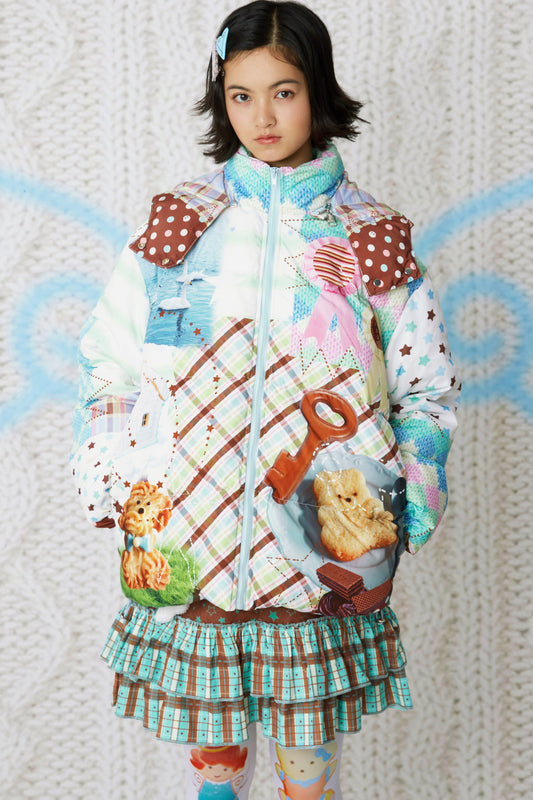 Loose Patchwork Print Hooded Jacket