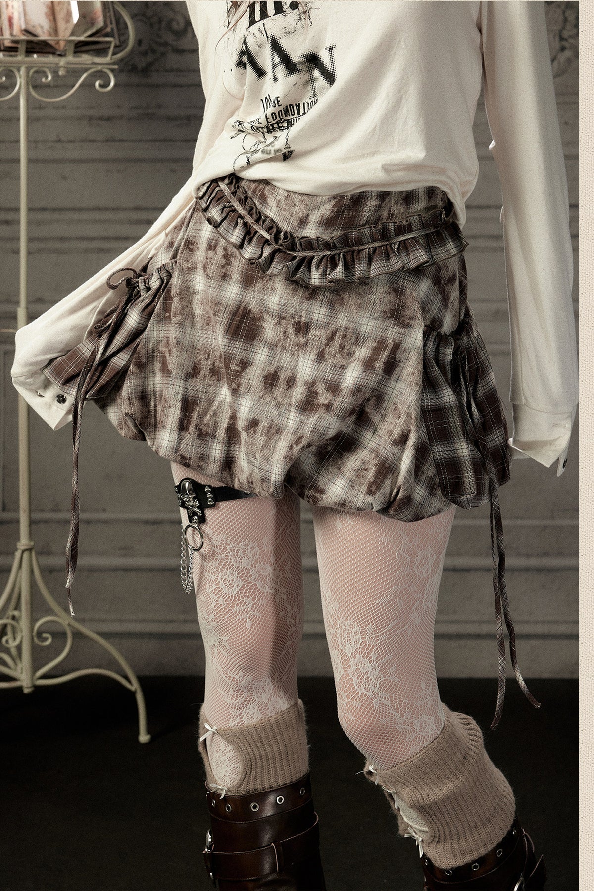 High-Waisted Coffee Plaid Ruffle Tie Skirt