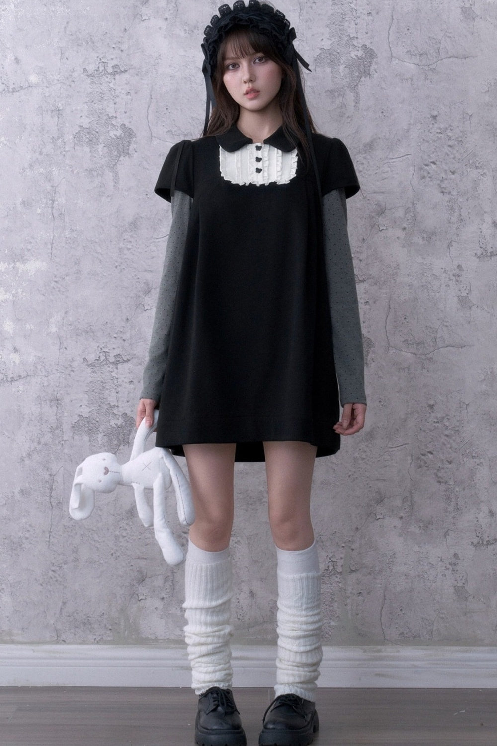 Dark Doll Collar Layered-Look Long Sleeve Dress