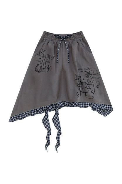 Plaid Graffiti Rabbit Irregular Hem Skirt