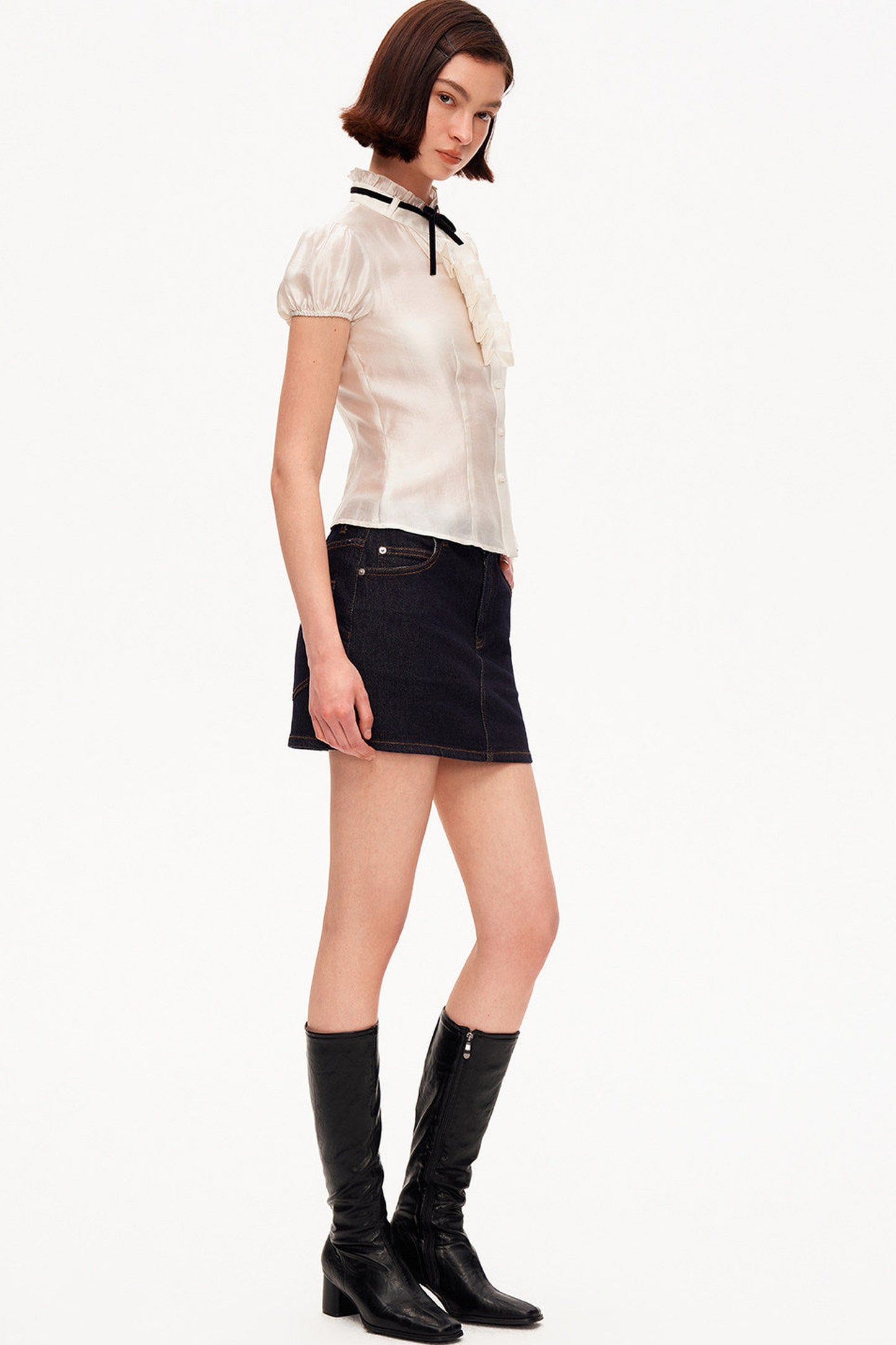 White Tencel Satin Puff Sleeve T-Shirt