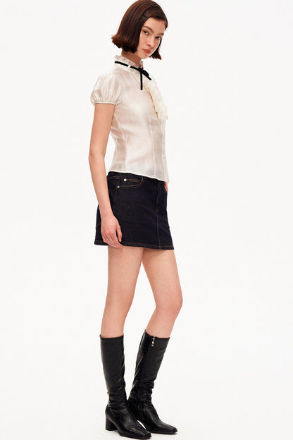 White Tencel Satin Puff Sleeve T-Shirt
