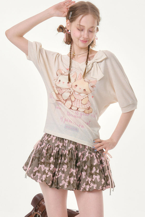 Playful Cat Print Bow Top
