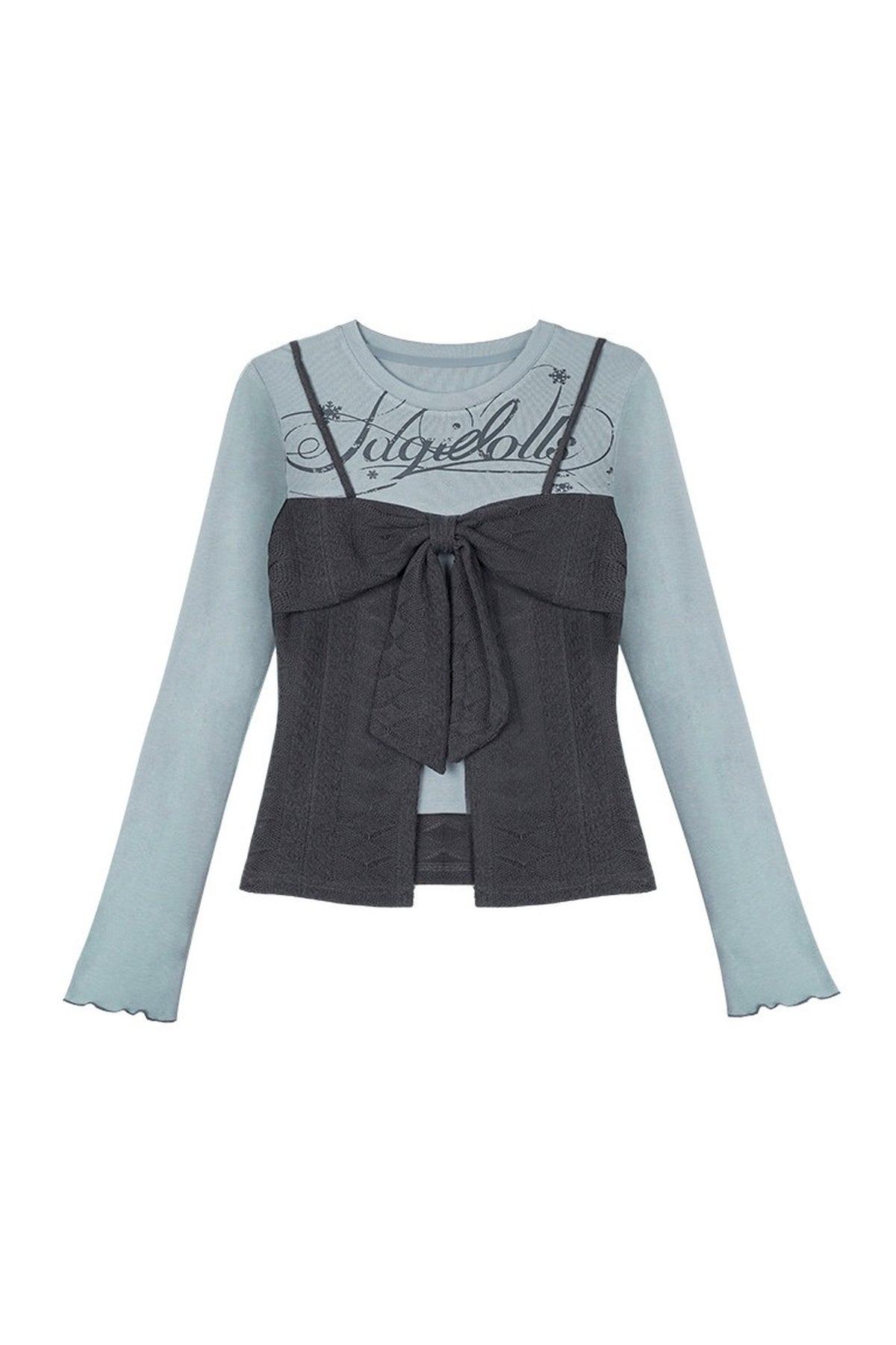 Blusa a maniche lunghe blu-grigia con fiocco e effetto a strati
