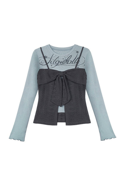 Blusa a maniche lunghe blu-grigia con fiocco e effetto a strati