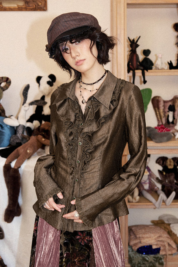 Ruffled Acetate Chiffon Shirt and Skirt Set-Up