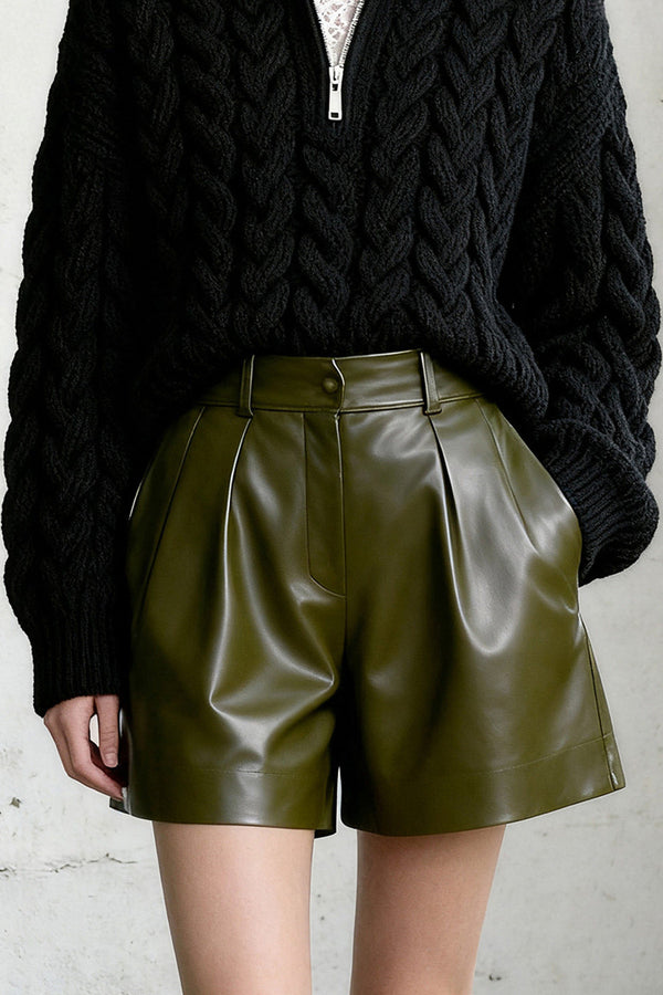 Half High Collar Cable Knit Top and Shorts Set-Up