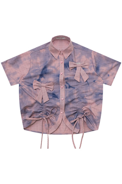 Chemise à manches courtes à carreaux roses avec nœud et cordon de serrage