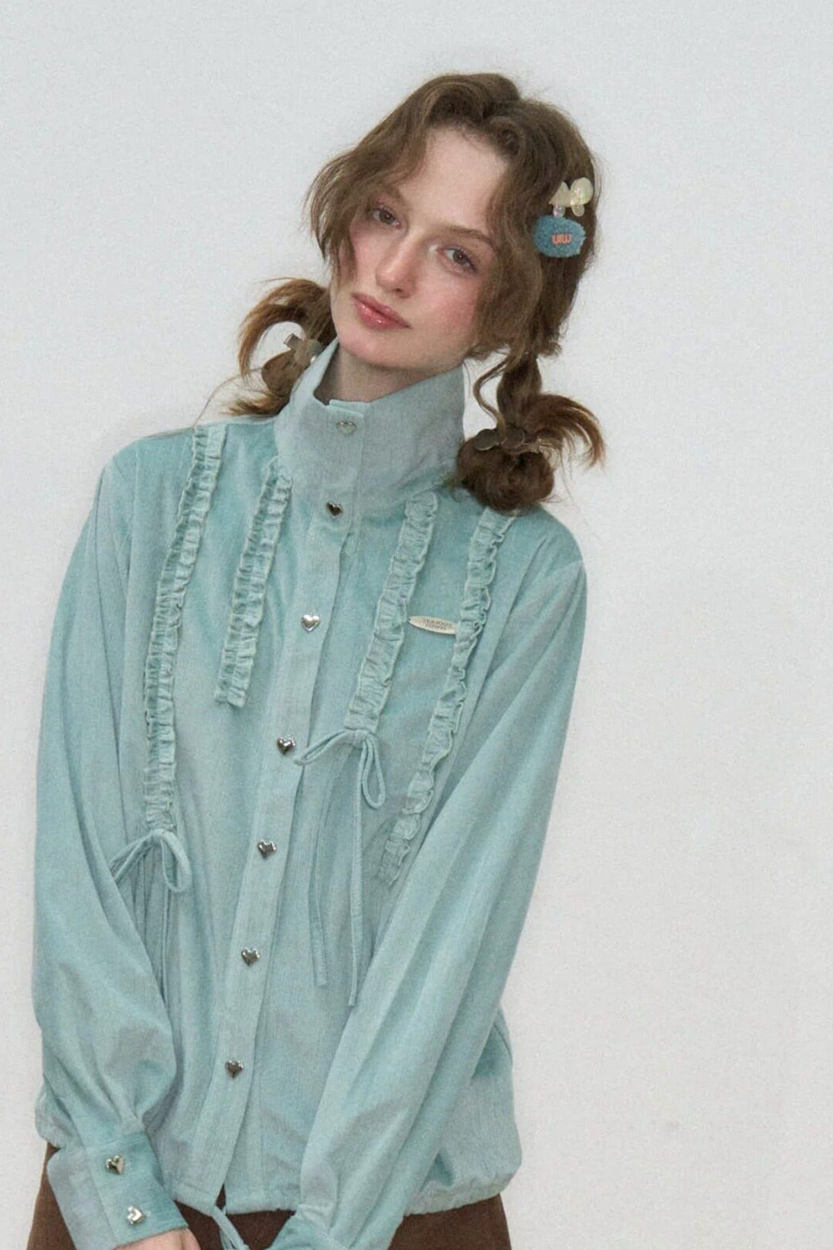 Lace Drawstring Stand Collar Shirt