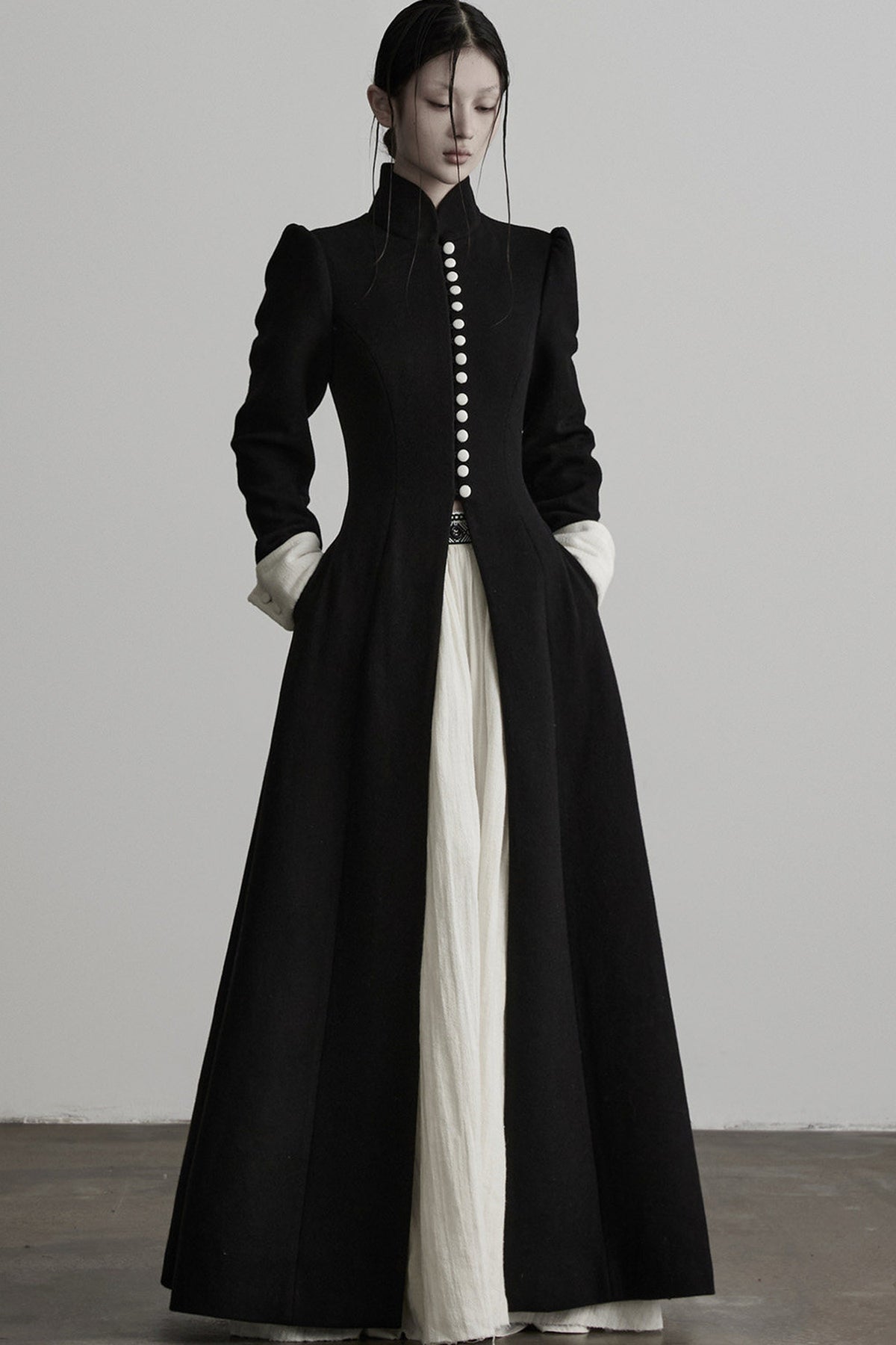 100% Wool Stand Collar Tie-Back Long Coat