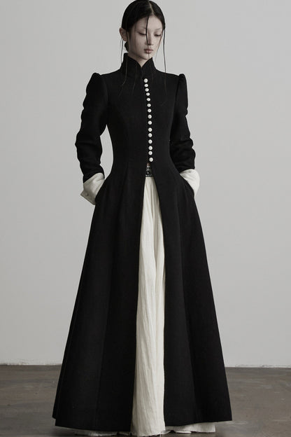 100% Wool Stand Collar Tie-Back Long Coat
