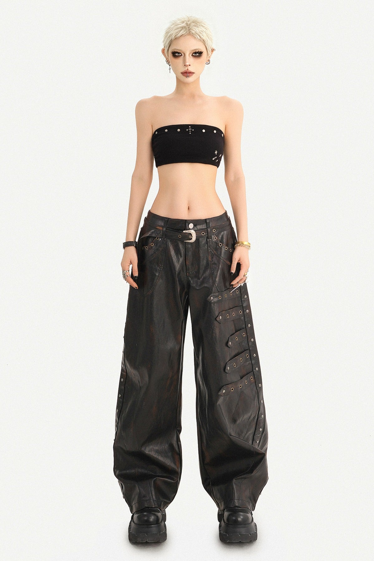 Rivet-Decorated Wide-Leg Leather Pants