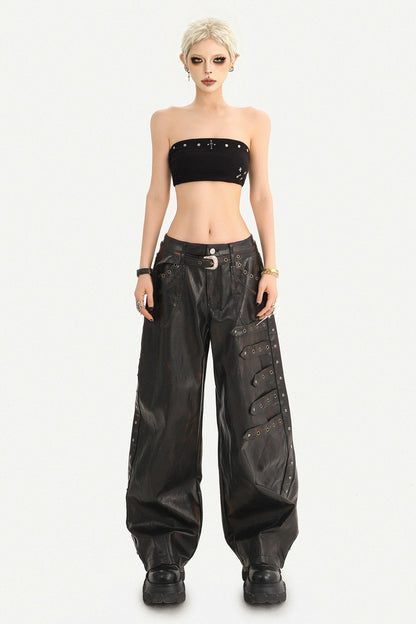 Rivet-Decorated Wide-Leg Leather Pants