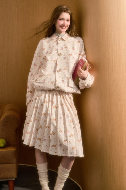 Elastic Waist Deer A-Line Pleated Skirt