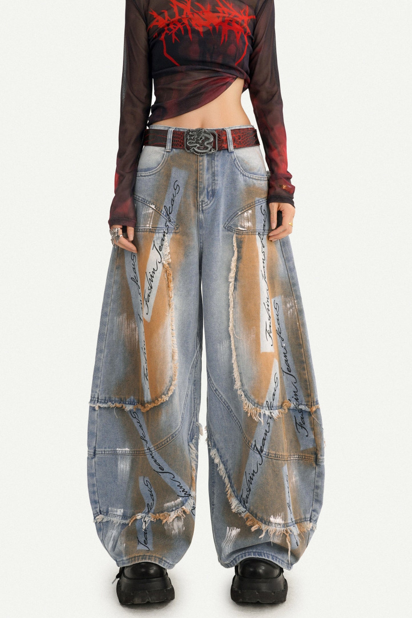 Distressed Patchwork Wide-Leg Denim Pants
