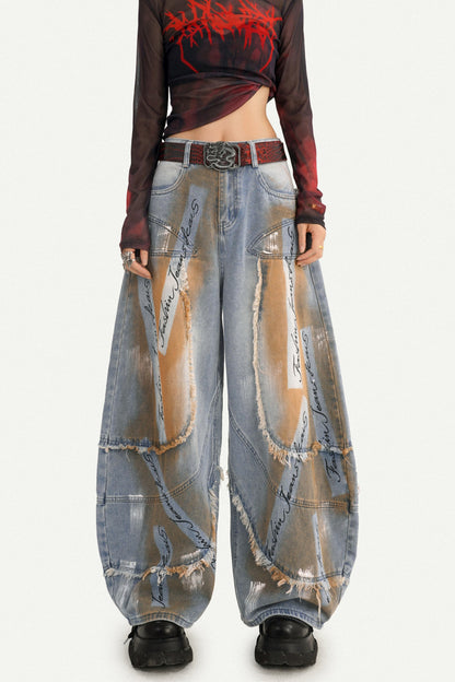 Distressed Patchwork Wide-Leg Denim Pants