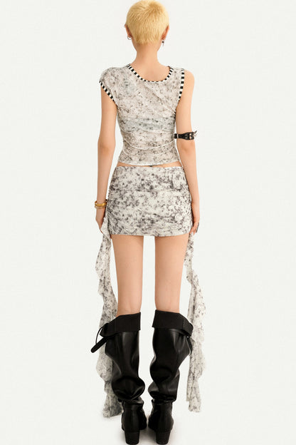 Skeleton Print Ribbed Crop Top and Tie Skirt Set-Up