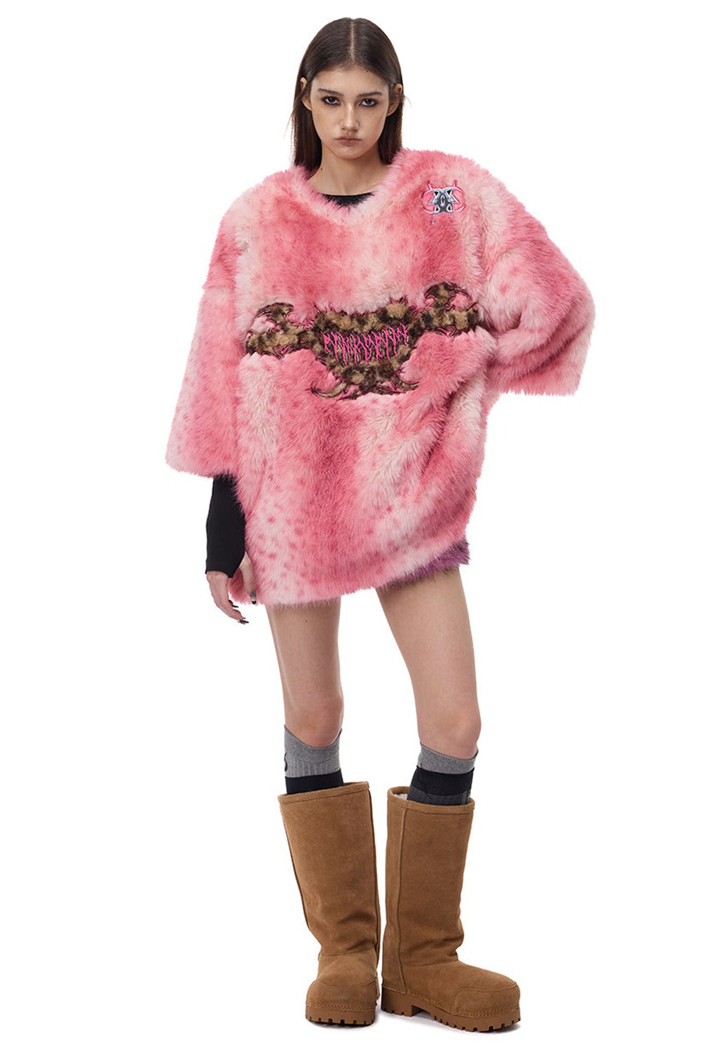 Pink Leopard Heart Embroidered Faux Fur Jacket