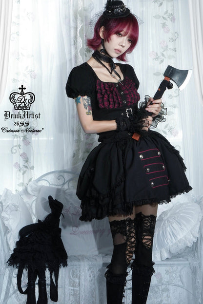Plaid Puff Sleeve Knit Top and Mesh Cake Skirt Set-Up