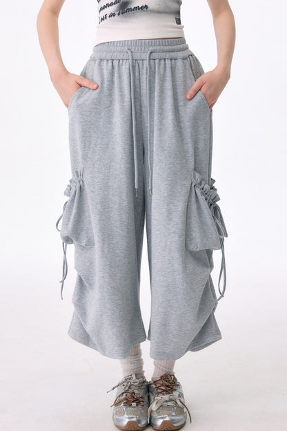Gray Drawstring Pocket Wide-Leg Sweatpants