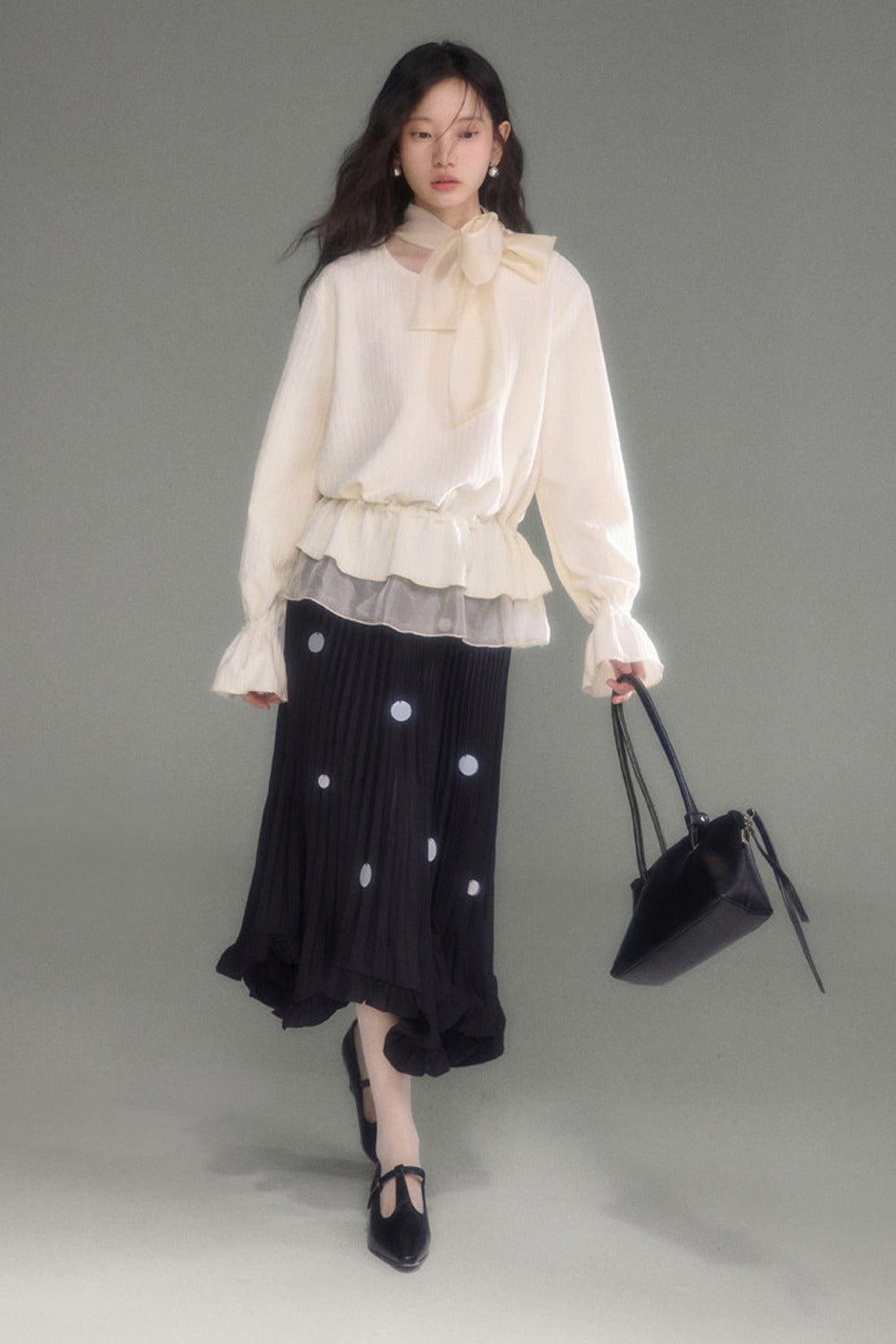 Moonlight Waterfall Long-Sleeve Ribbon Top and Skirt Set-Up