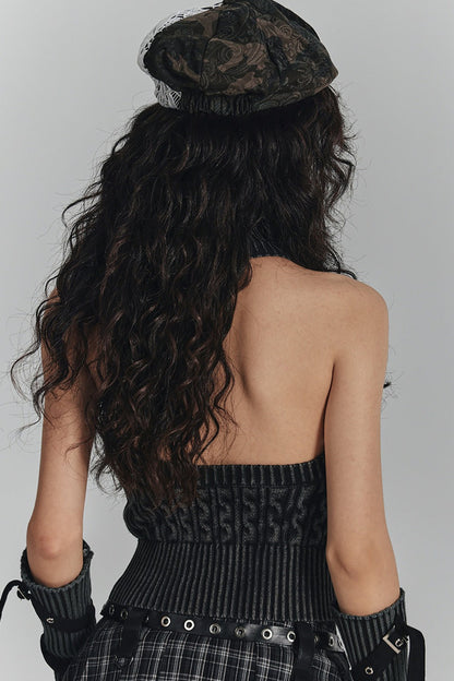 Short Backless Slim-Fit Knit Top with Tie Sleeves
