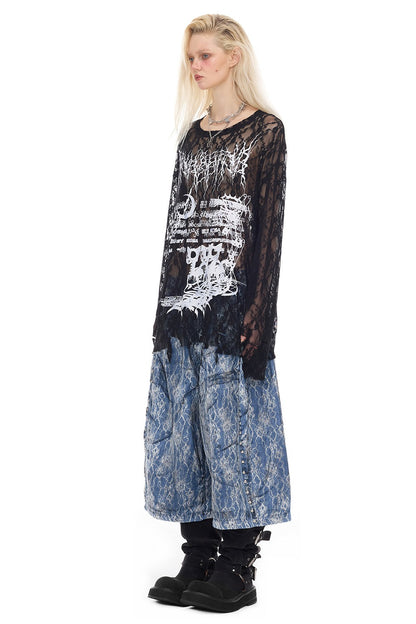 Loose Ripped Lace Cat Print Tee