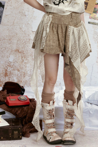 Tie-Dye Denim Ruffle Mesh Ribbon Skirt