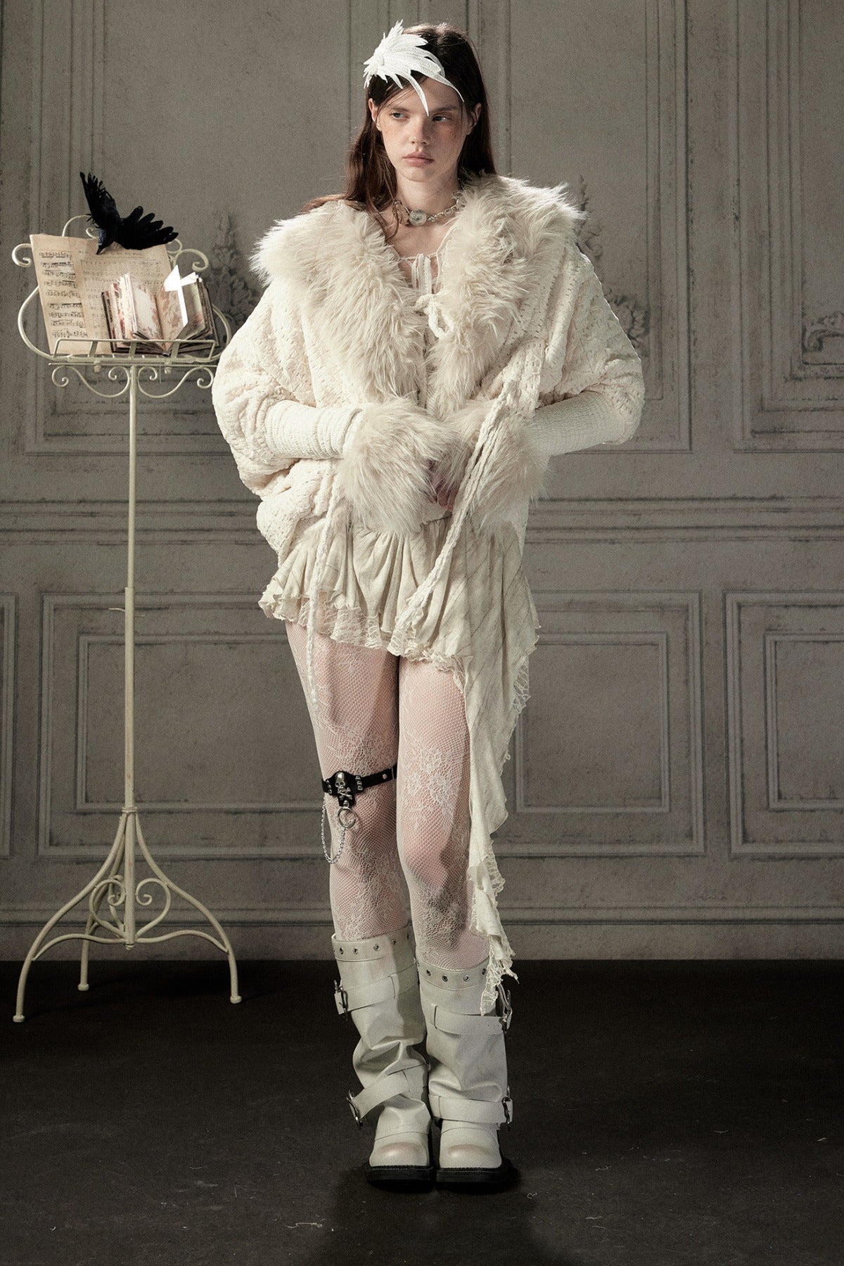 Beige Fur Collar Batwing Knit Jacket