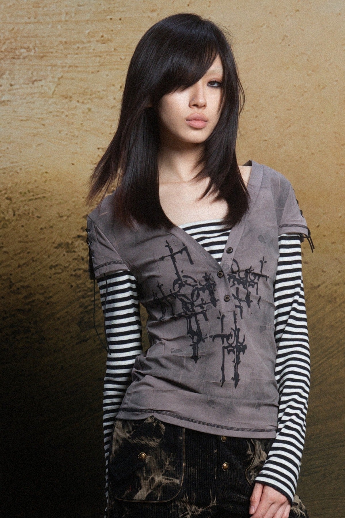 Cross Print Layered-Look V-Neck T-Shirt