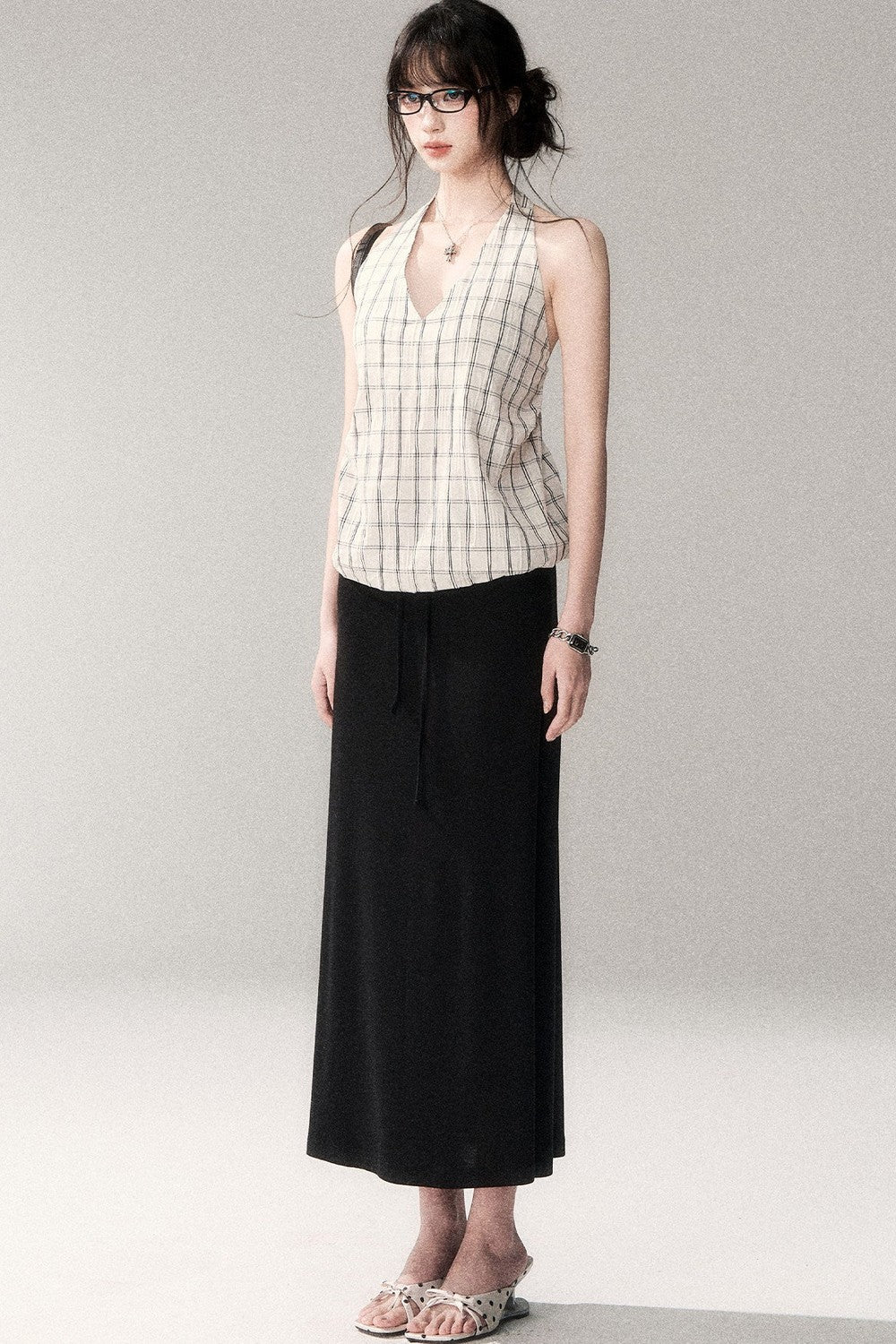 Textured Cotton Plaid Halter Camisole