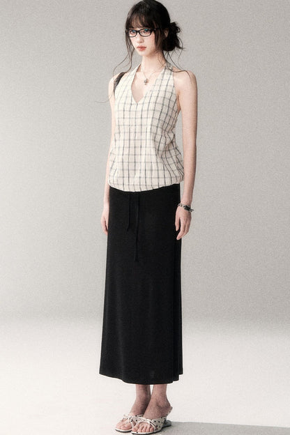 Textured Cotton Plaid Halter Camisole