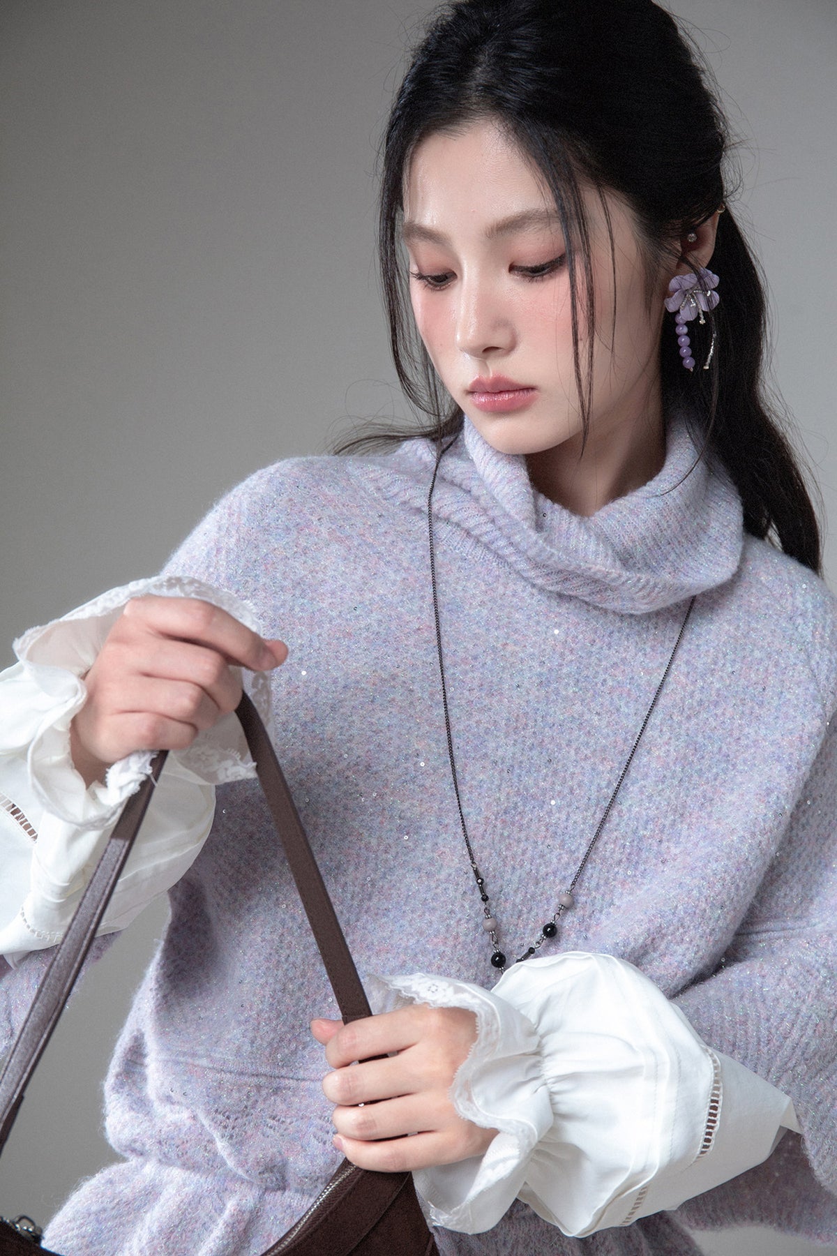 Gray-Purple Drawstring Waist Wool Sweater