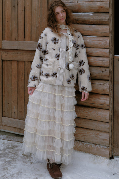 Gesteppte Fleecejacke mit Blumen und Schleife