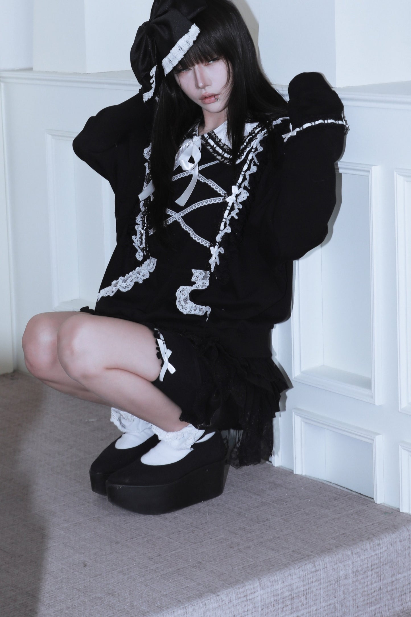 Bow Lace Trim Detachable Collar Sweatshirt and Leggings Set-Up