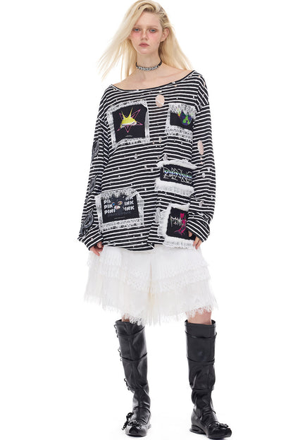Rock Frog Striped Lace Trim T-Shirt
