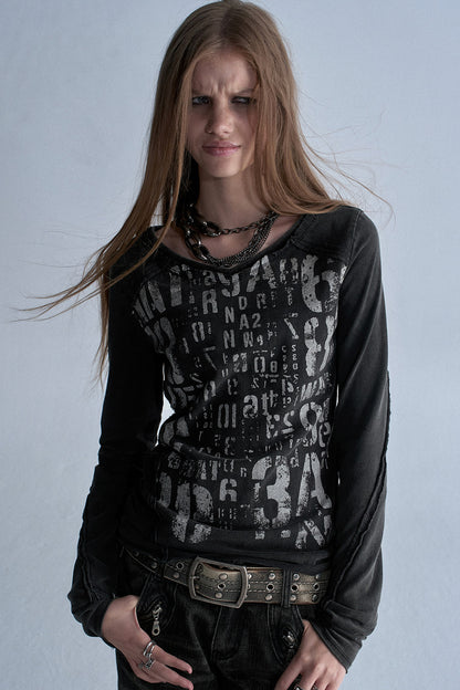 Asymmetrical Frayed All-Over Print Long-Sleeve T-Shirt