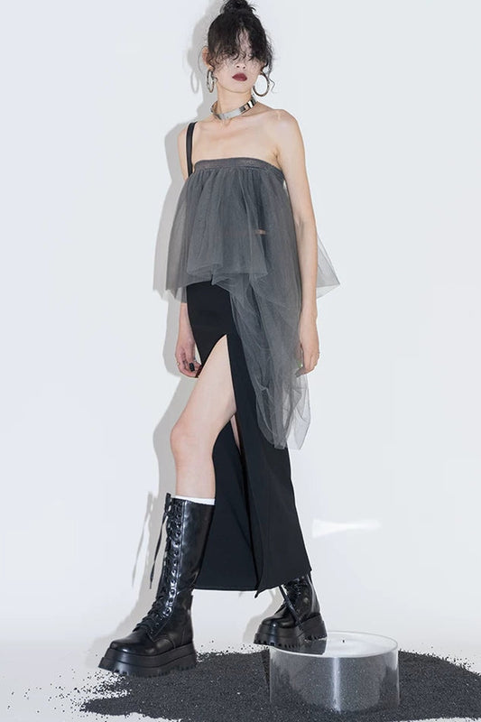Layered Mesh Tube Top and Skirt Two-Piece Set