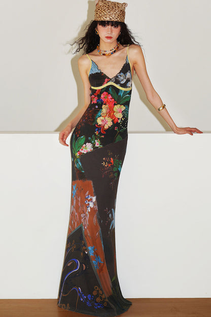 Chinese Print Lace Slip Dress