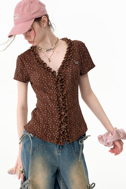 Chemisier marron en dentelle à pois