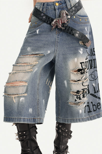 Distressed Letter Print Wide Leg Denim Pants