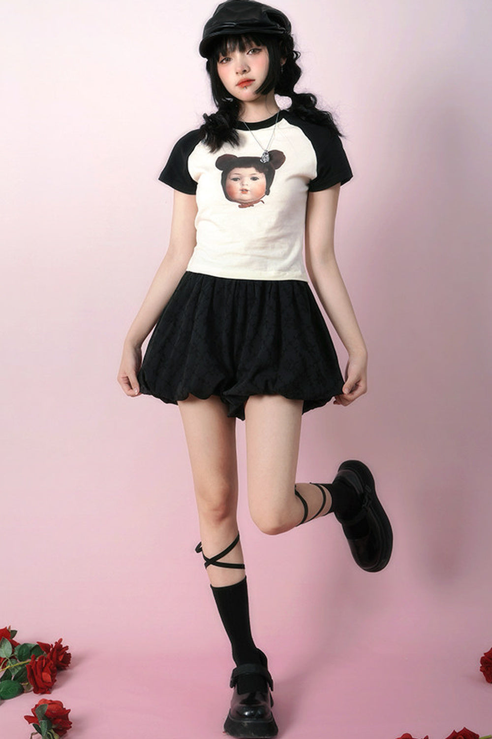 Bear Doll Print Patchwork T-shirt